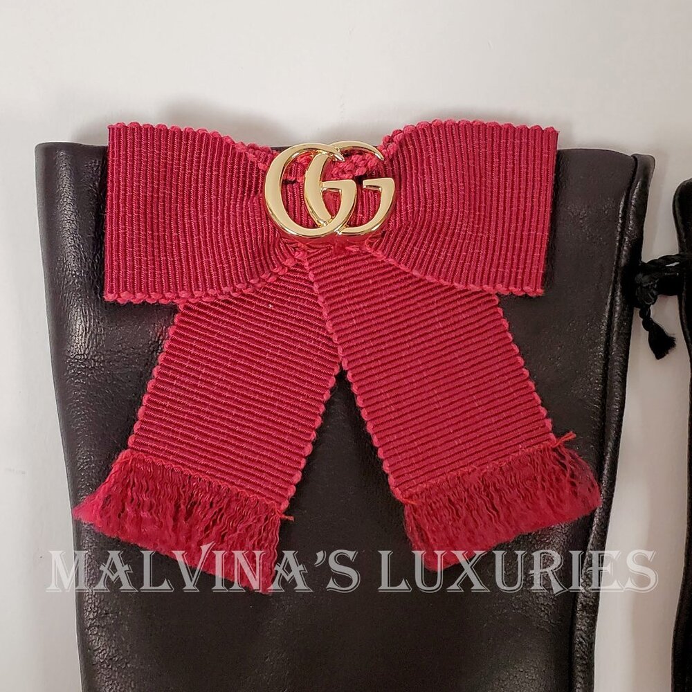 GUCCI GLOVES 434223 BLACK LEATHER GROSGRAIN BOW G LOGO sz S / 7 - Picture 8 of 16